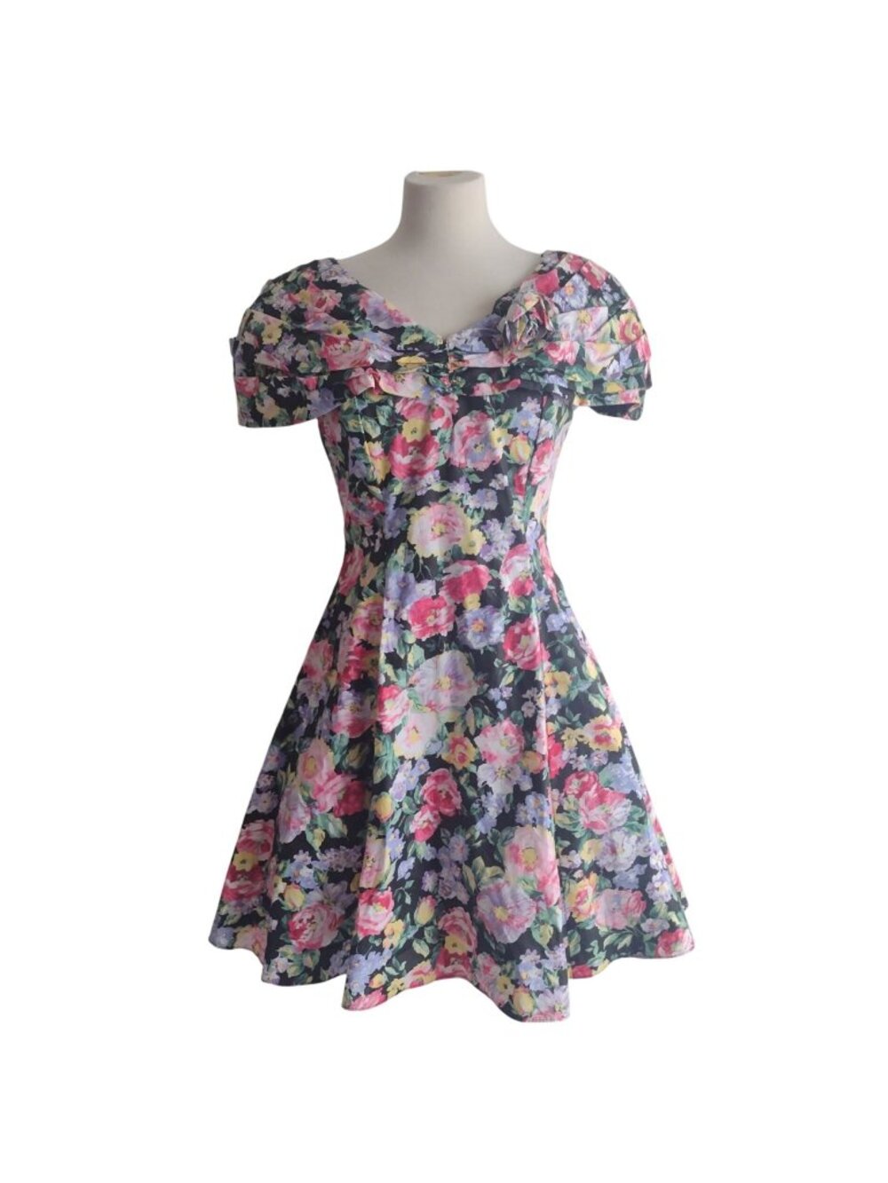 Vintage 80s 90s Floral Poofy Dress S 6 Fun FIt n Flare Party Dress
